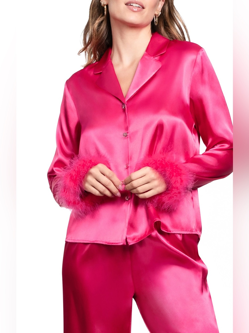 NEW WITH TAGS! In Bloom by Jonquil Pink Satin Silk Feel Fur 2 Piece PJ Set Small